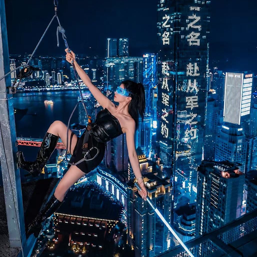 Rooftop portrait created by a local photography partner with the Chongqing skyline visible
