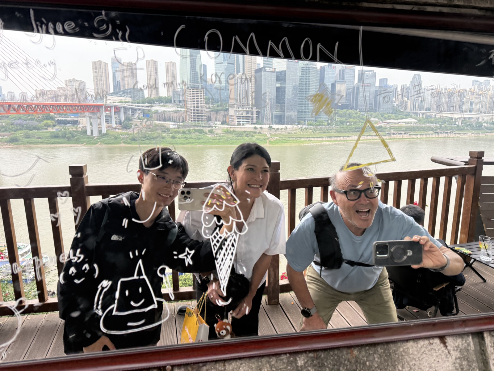 A licensed local guide leading private guests through a distinctive layered Chongqing street scene