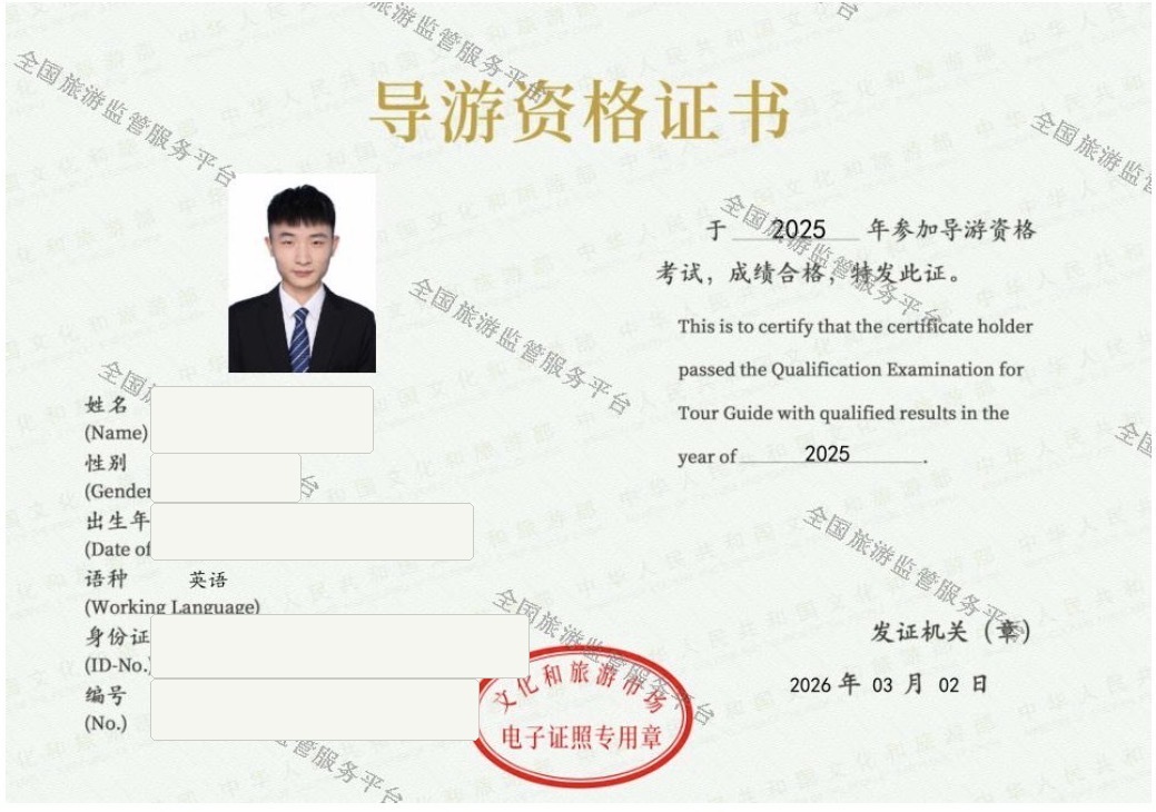 Privacy-protected tour guide qualification certificate for Elias, showing English as the working language